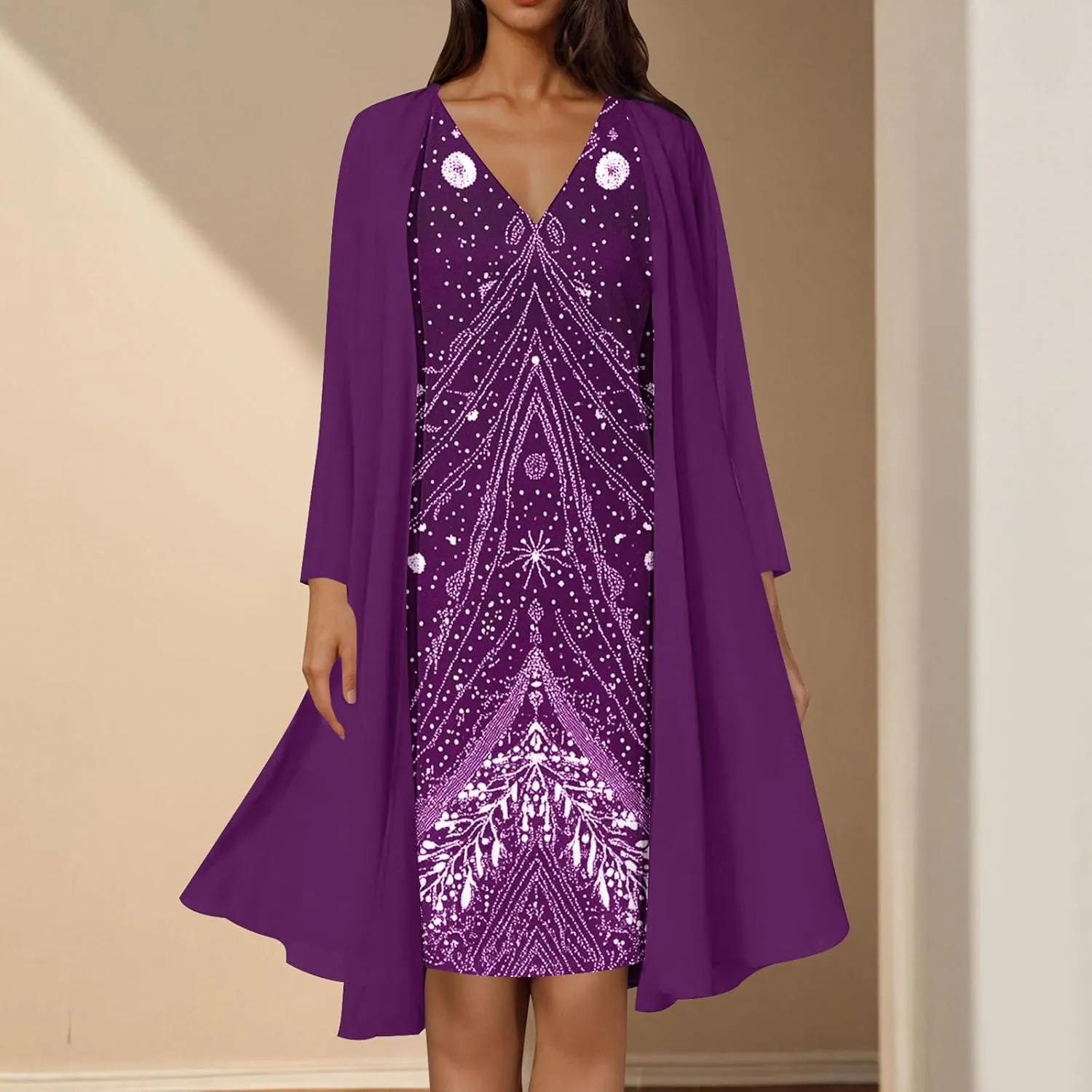 2025 Womens Chiffon Two-Piece Set Trendy Sleeveless V-Neck Dress with Long Sleeve Cover-Up Casual Midi Dress Outfits