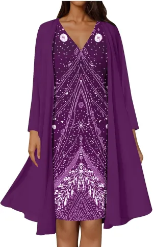 2025 Womens Chiffon Two-Piece Set Trendy Sleeveless V-Neck Dress with Long Sleeve Cover-Up Casual Midi Dress Outfits