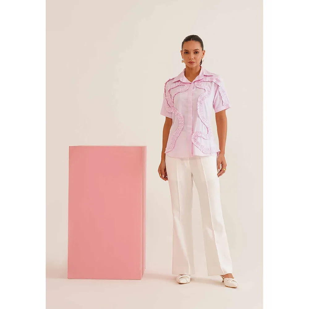 AMOSHI Pink Self Design Frill Shirt