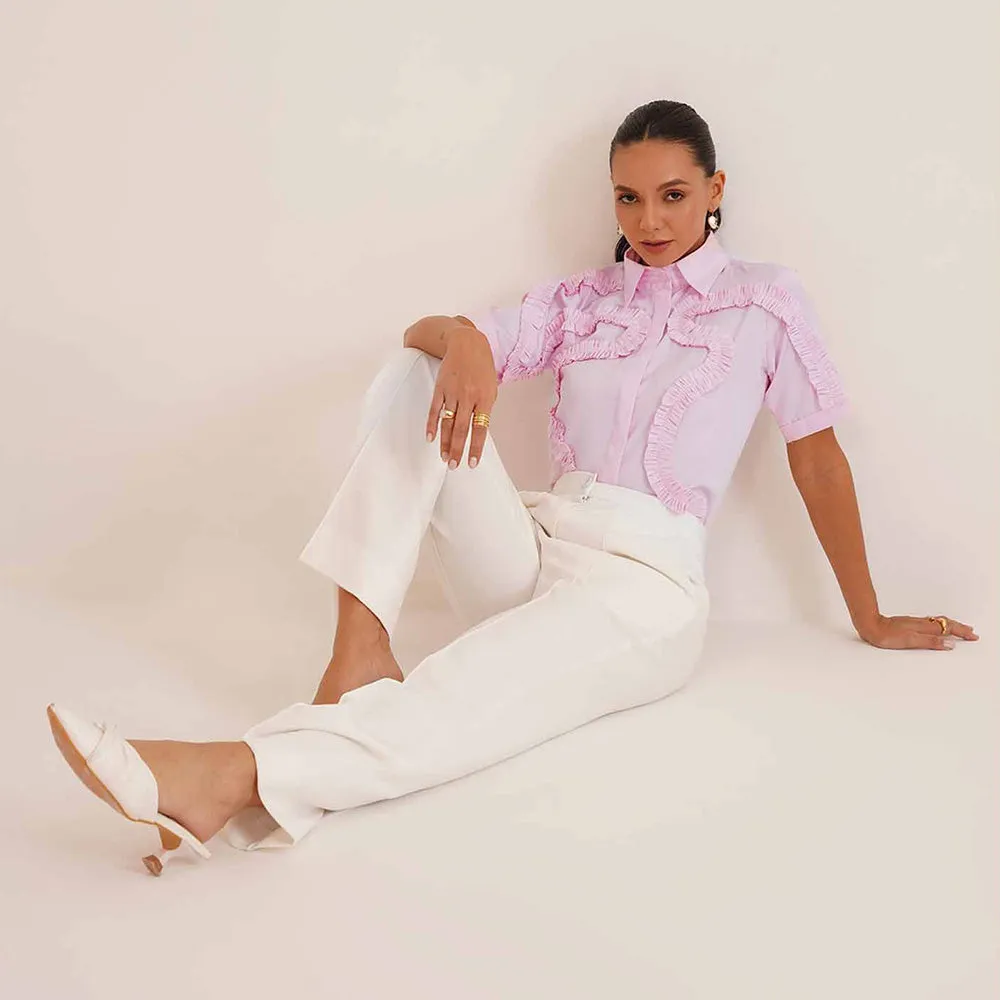 AMOSHI Pink Self Design Frill Shirt