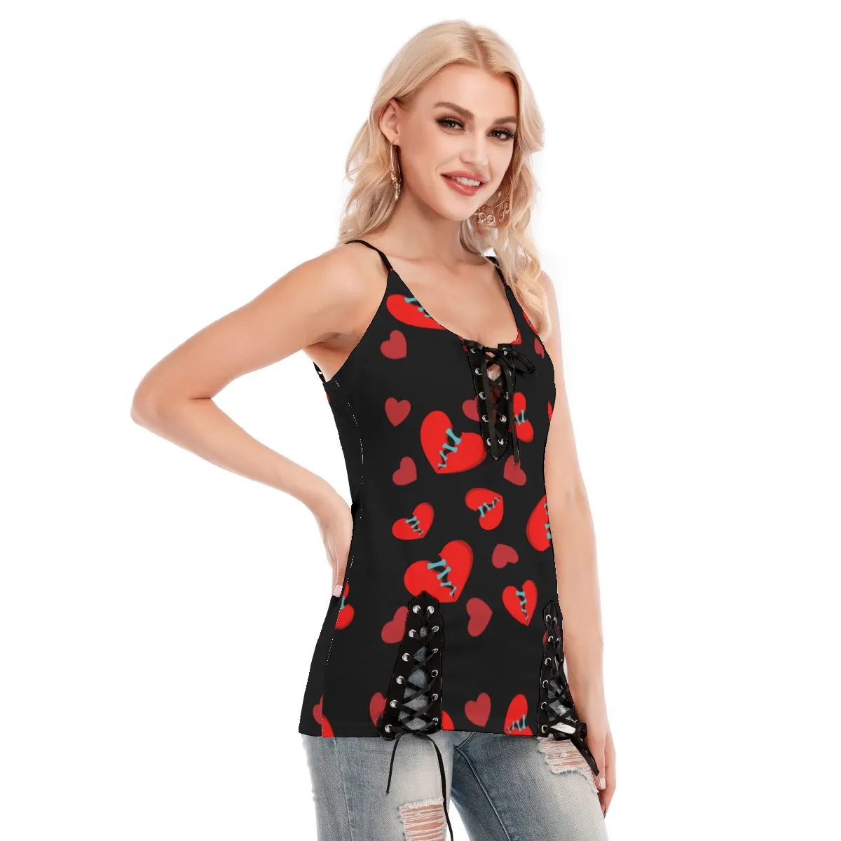 Broken Hearts V-neck Eyelet Lace-up Cami Top
