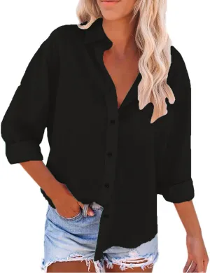 Button Down Shirts for Women Cotton Linen Long Sleeve Trendy Blouses Loose Fit Work Tops Comfy Vacation Beach Clothes