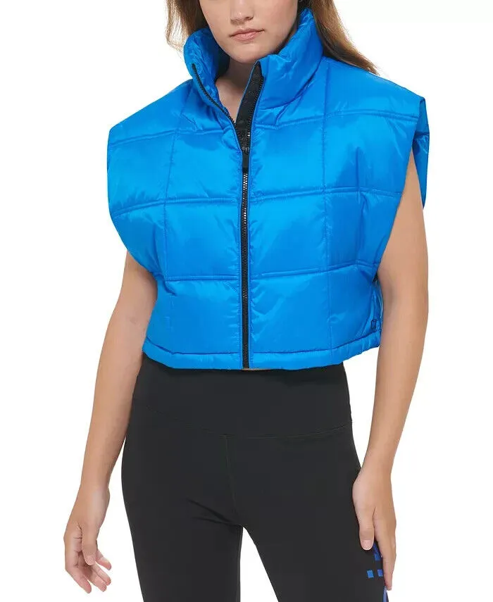 Calvin Klein Women's Cropped Mock-Neck Zip-up Vest Neon Blue Size XL MSRP $80