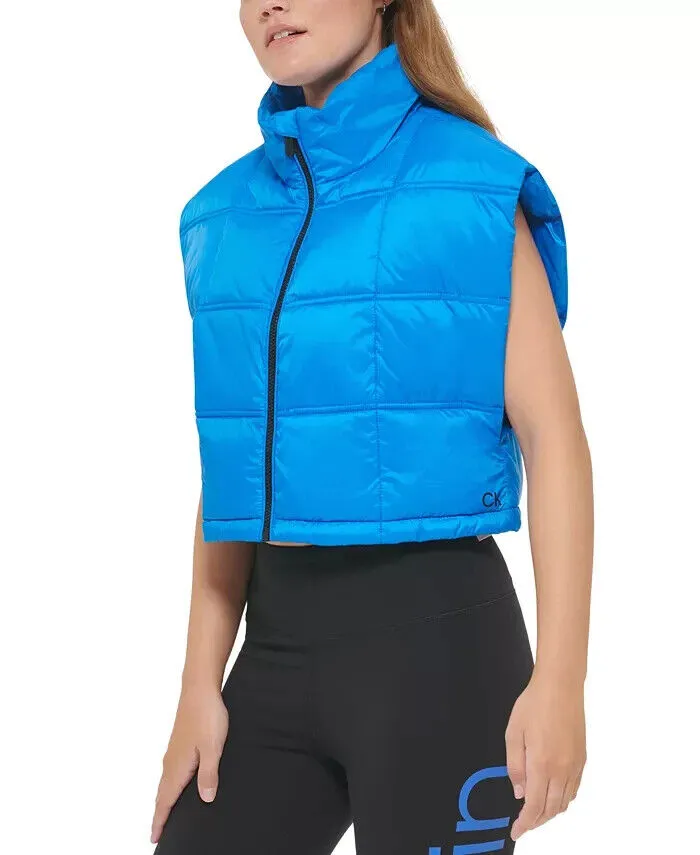 Calvin Klein Women's Cropped Mock-Neck Zip-up Vest Neon Blue Size XL MSRP $80