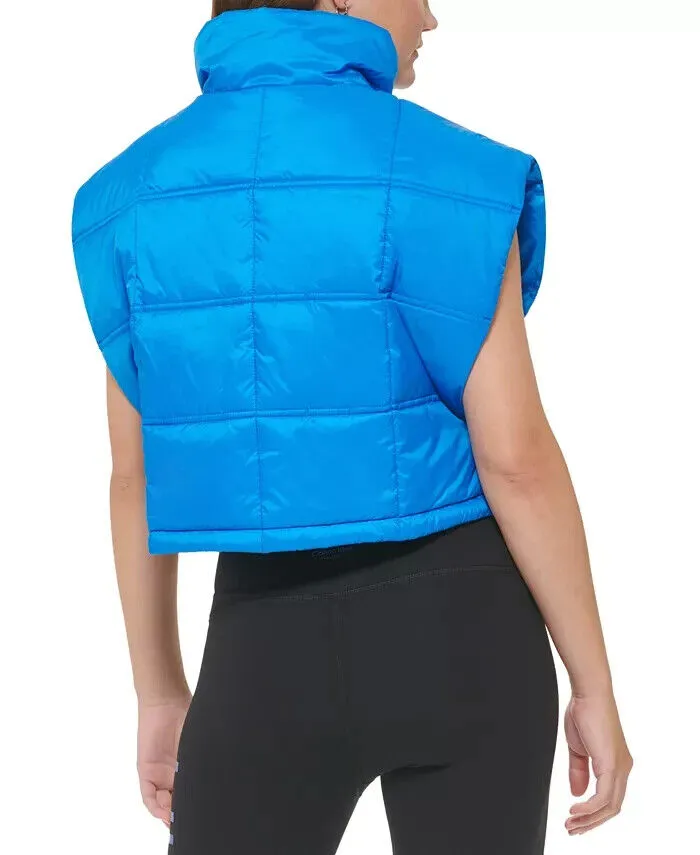 Calvin Klein Women's Cropped Mock-Neck Zip-up Vest Neon Blue Size XL MSRP $80