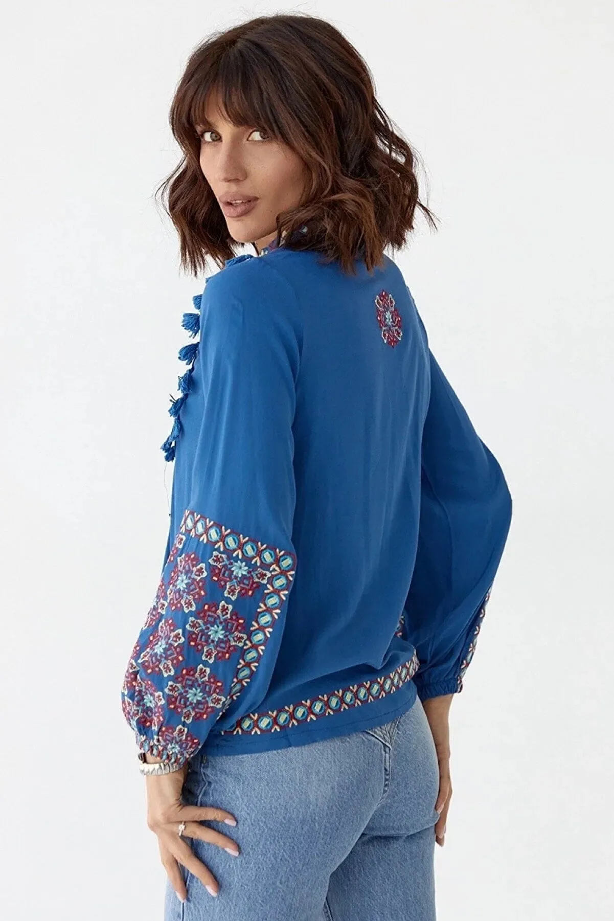 Dark Navy Embroidered Bishop Sleeve Vyshyvanka