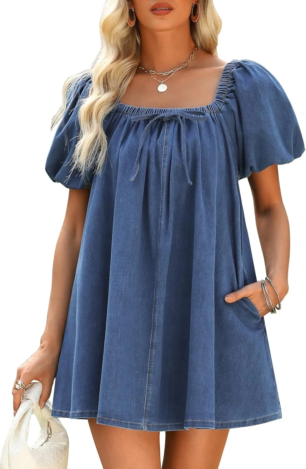 Denim Dress for Women, Puff Short Sleeve Jean Dress Square Neck Denim Romper with Pockets