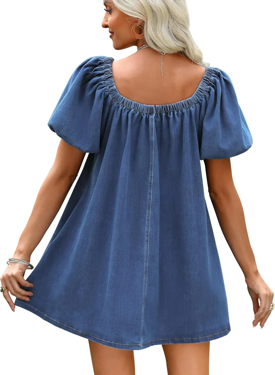 Denim Dress for Women, Puff Short Sleeve Jean Dress Square Neck Denim Romper with Pockets