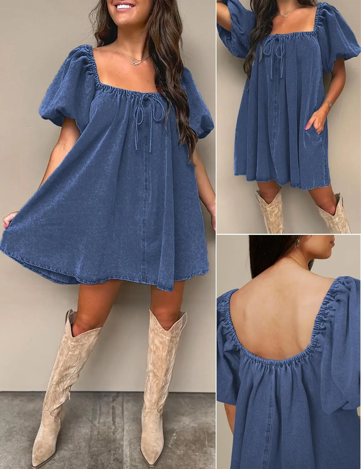 Denim Dress for Women, Puff Short Sleeve Jean Dress Square Neck Denim Romper with Pockets