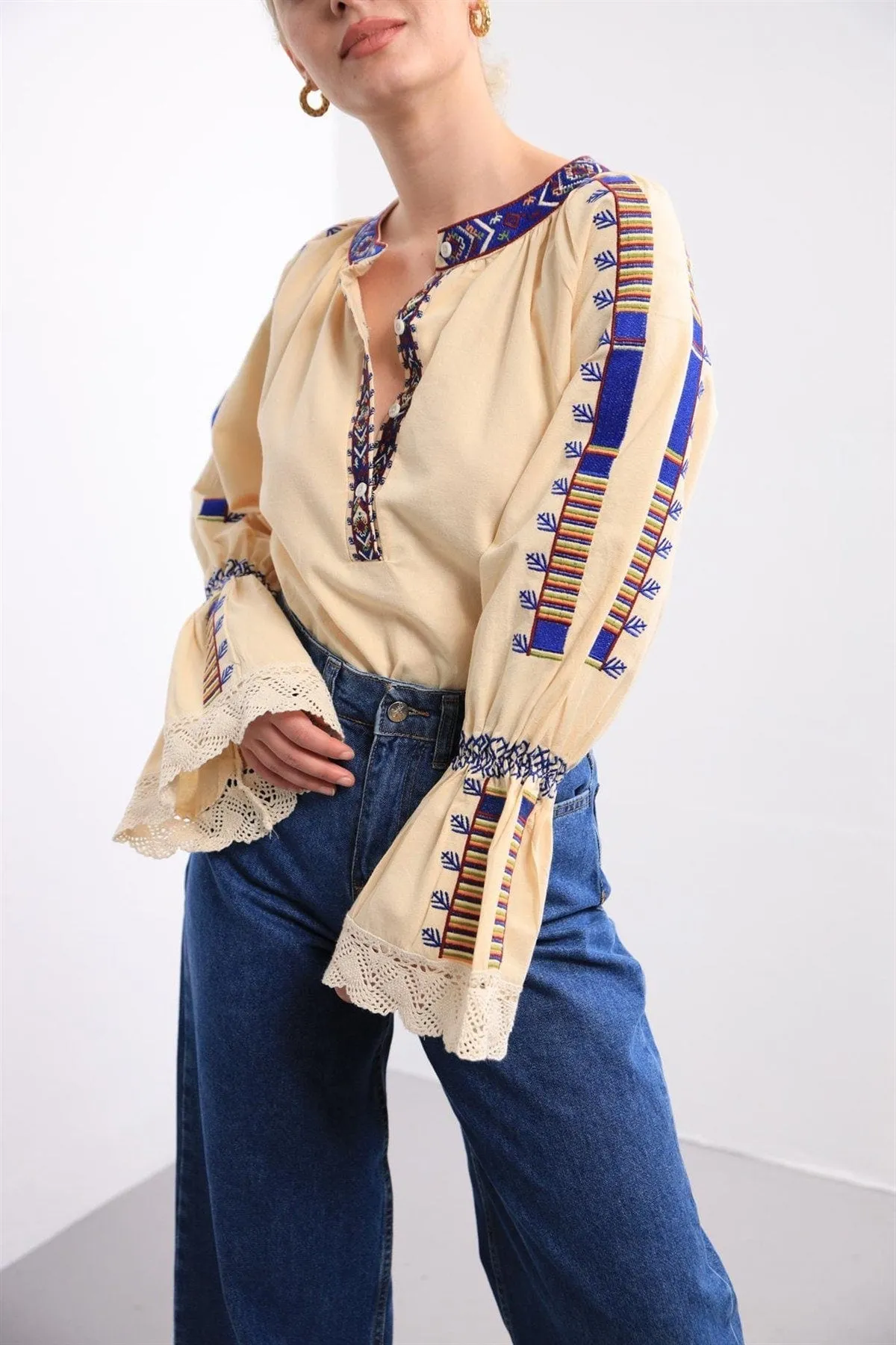 Ethnic Blue Embroidered Angel Sleeve Cotton Blouse