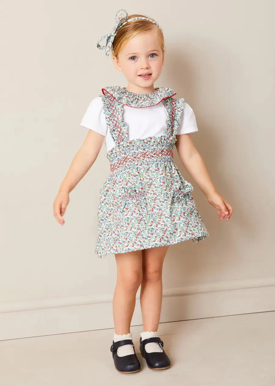 Evelyn Floral Smocked Detail Skirt With Braces in Red (18mths-6yrs)