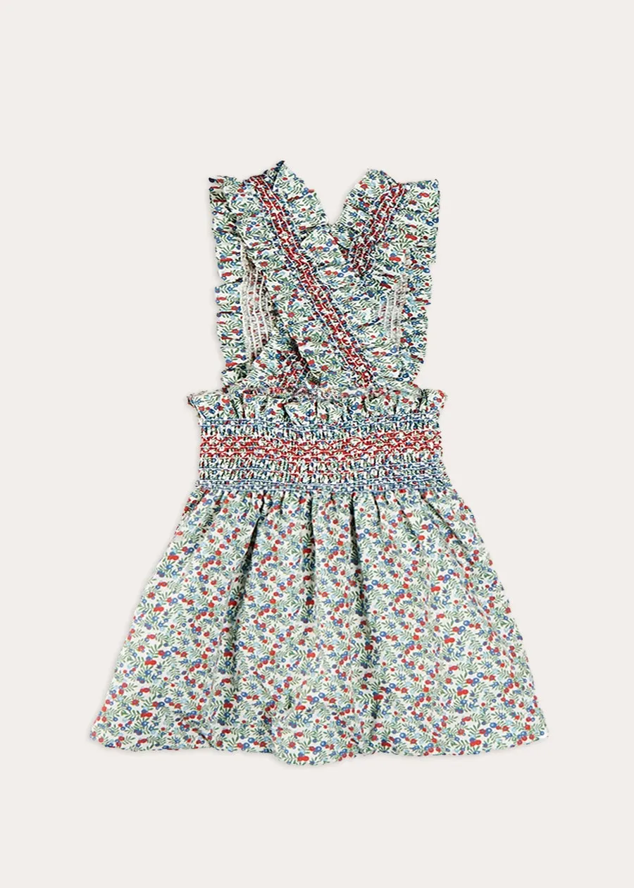 Evelyn Floral Smocked Detail Skirt With Braces in Red (18mths-6yrs)