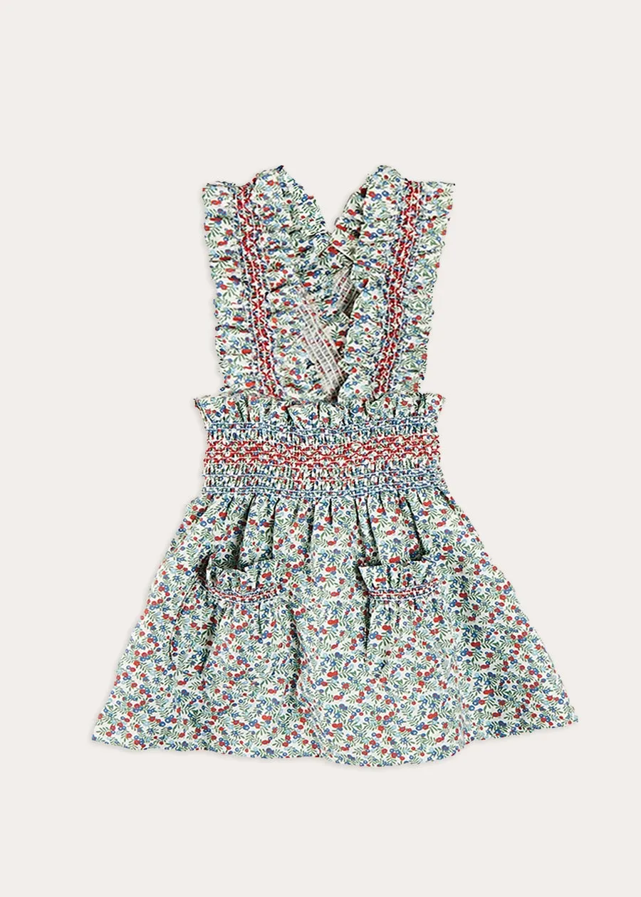 Evelyn Floral Smocked Detail Skirt With Braces in Red (18mths-6yrs)