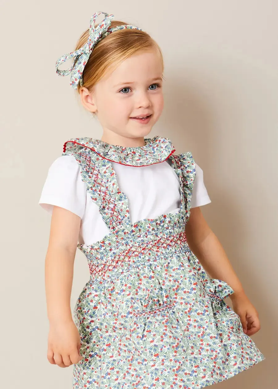Evelyn Floral Smocked Detail Skirt With Braces in Red (18mths-6yrs)