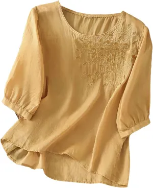 Floral Embroidered Tops Women Cotton Linen Shirts Boho Ethnic Style Flowy Blouse 3/4 Sleeve V Neck Button Tunic Shirt