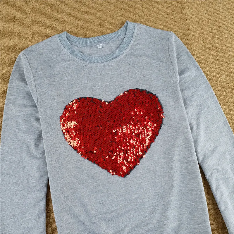 Heart Print Round Collar Long Sleeves Sweatshirt