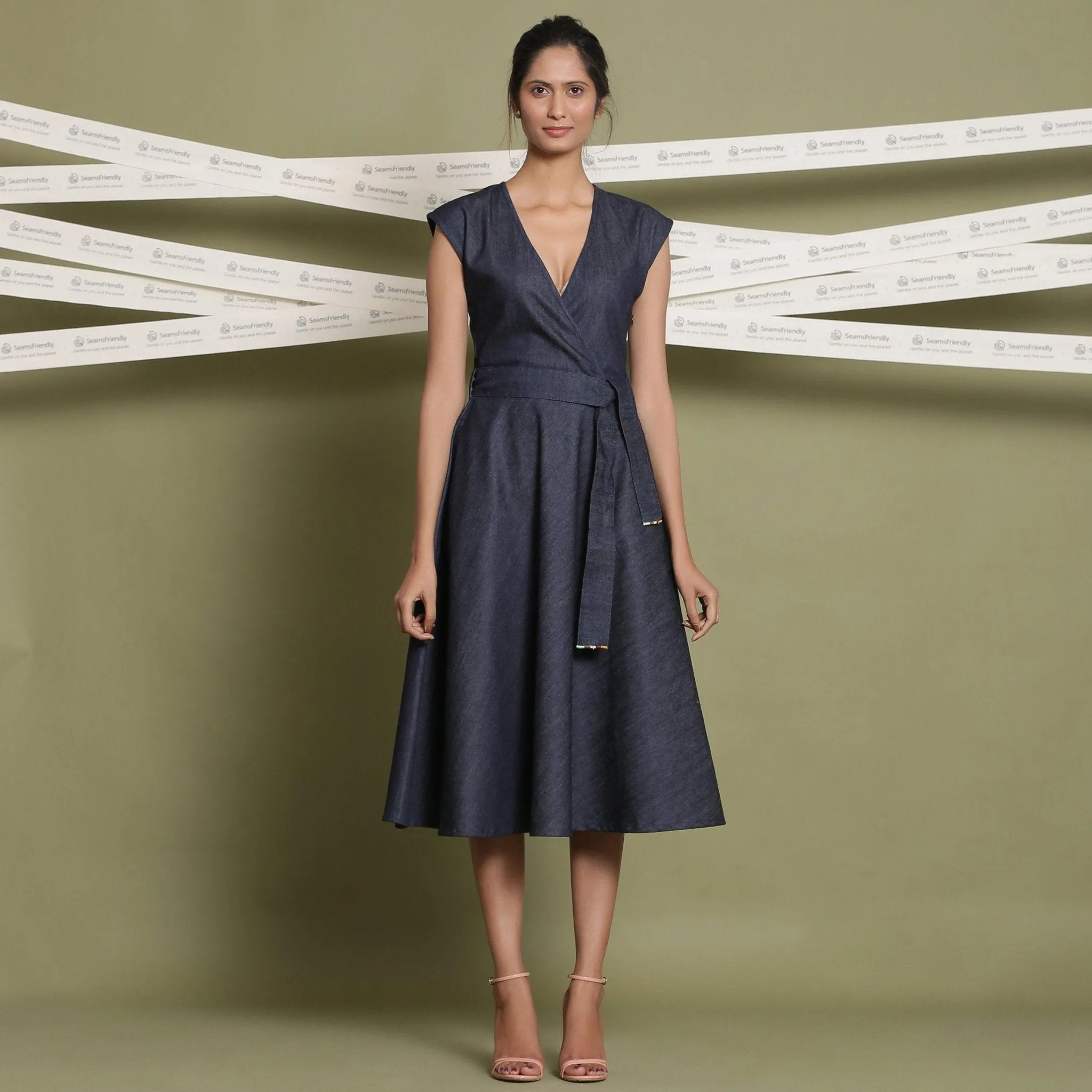 Indigo Cotton Denim V-Neck Fit and Flare Midi Dress