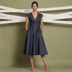 Indigo Cotton Denim V-Neck Fit and Flare Midi Dress