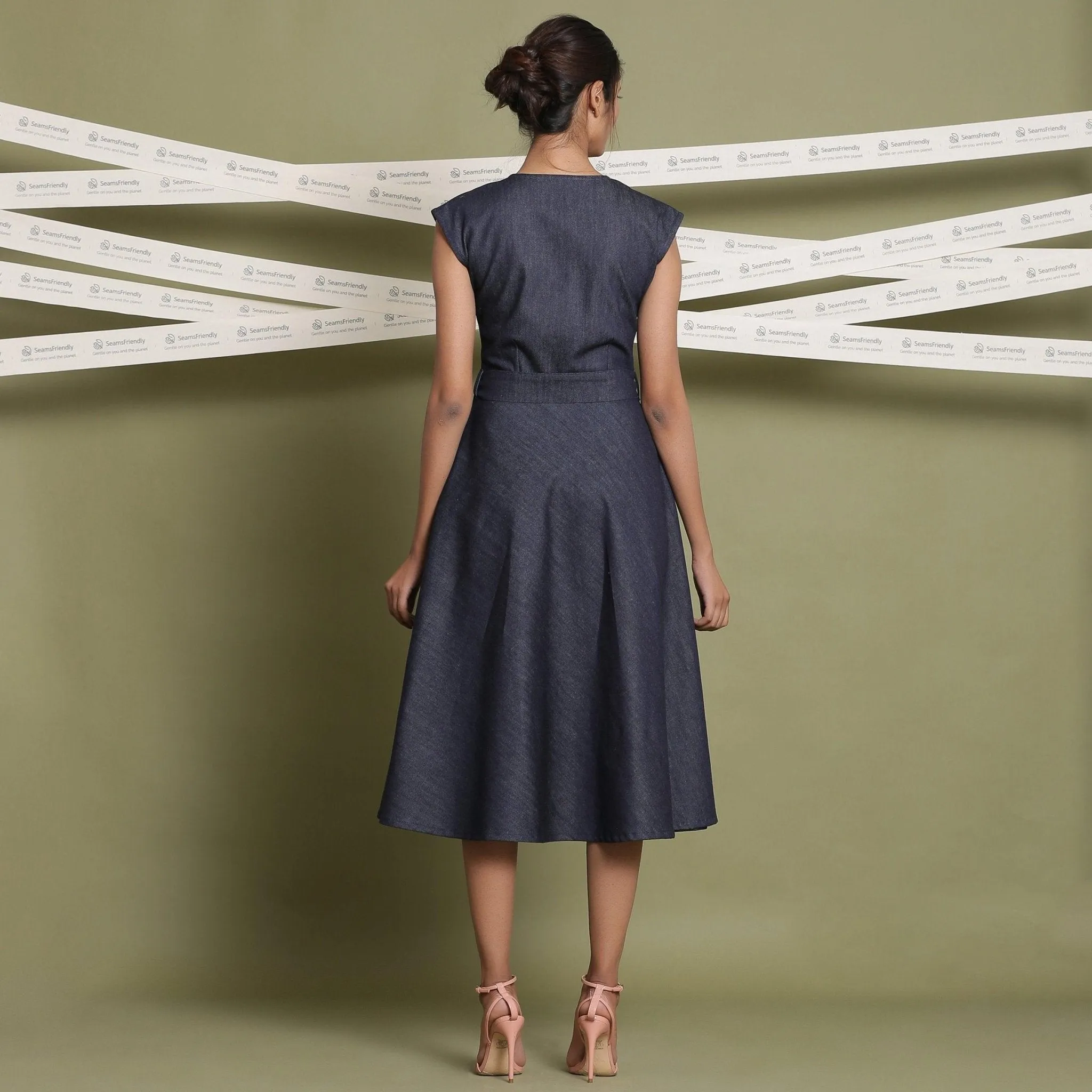 Indigo Cotton Denim V-Neck Fit and Flare Midi Dress