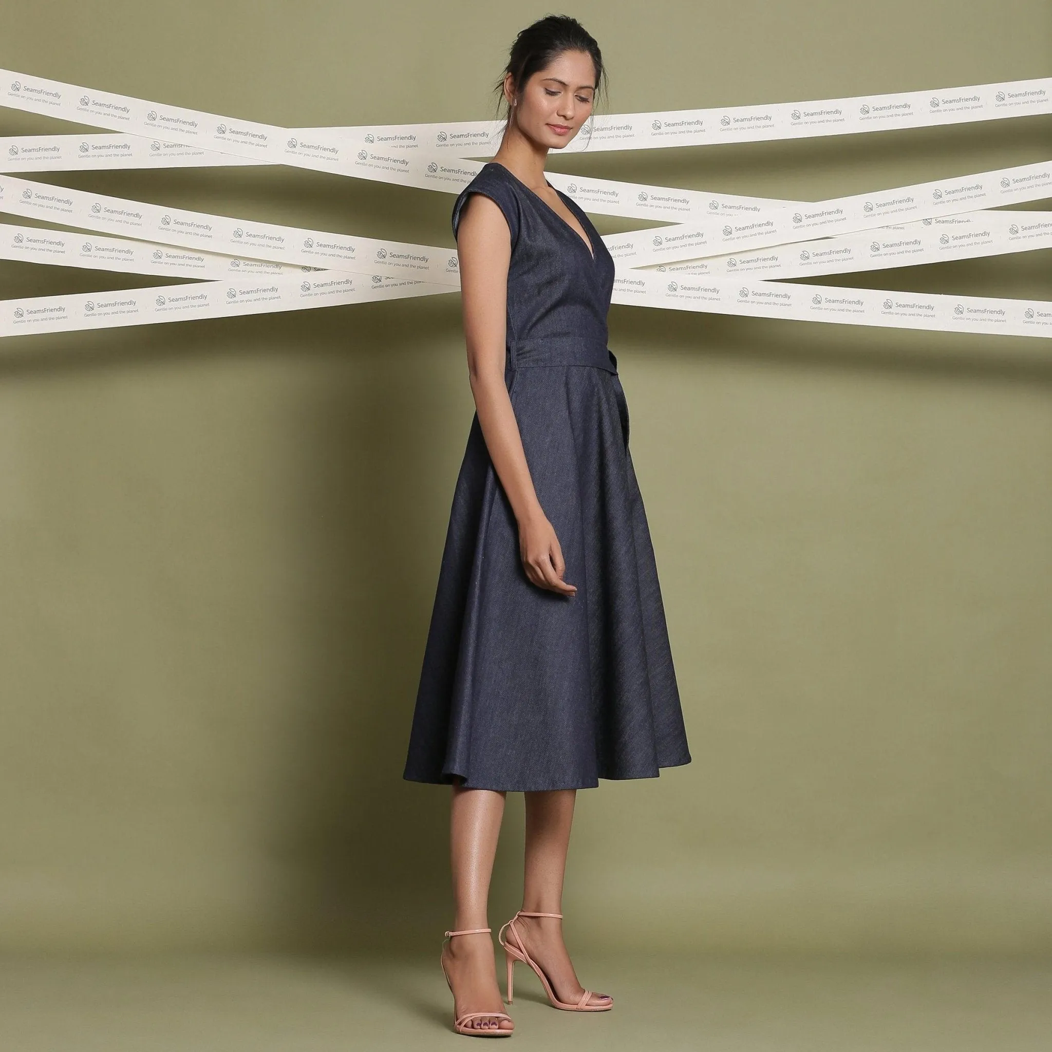 Indigo Cotton Denim V-Neck Fit and Flare Midi Dress
