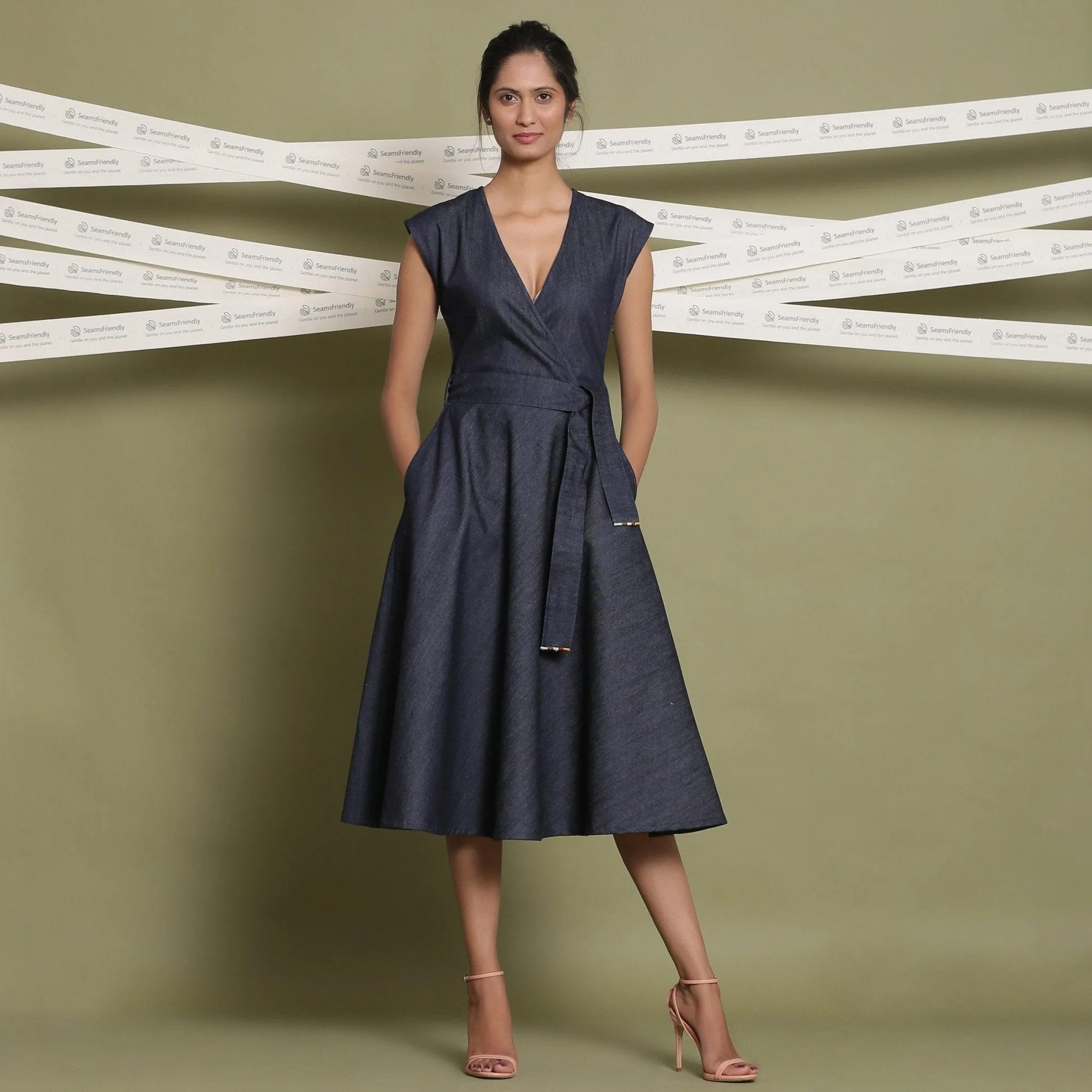 Indigo Cotton Denim V-Neck Fit and Flare Midi Dress