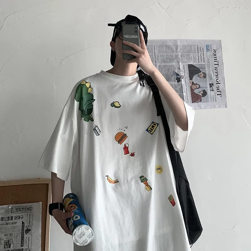 insPopular Short Sleeve T-Shirt Cartoon Half Sleeved Loose Tops Summer Mid-Length Trendy T-Shirt