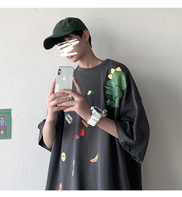 insPopular Short Sleeve T-Shirt Cartoon Half Sleeved Loose Tops Summer Mid-Length Trendy T-Shirt