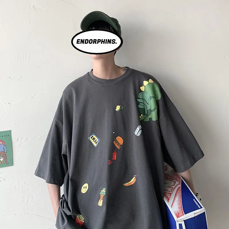 insPopular Short Sleeve T-Shirt Cartoon Half Sleeved Loose Tops Summer Mid-Length Trendy T-Shirt