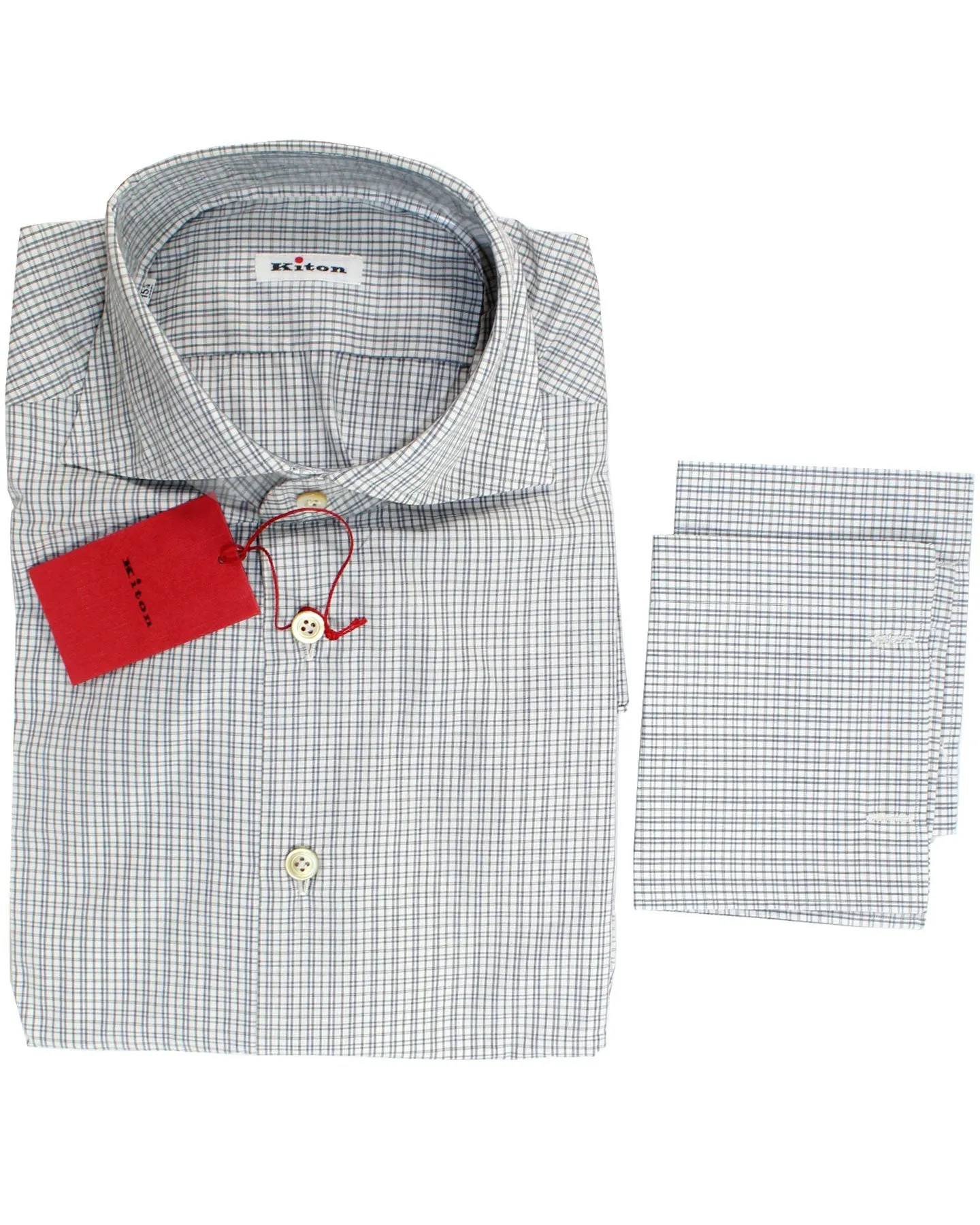 Kiton Dress Shirt White Navy Black Check 40 - 15 3/4 SALE