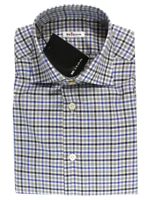 Kiton Dress Shirt White Royal Blue Black Check 39 - 15 1/2 SALE