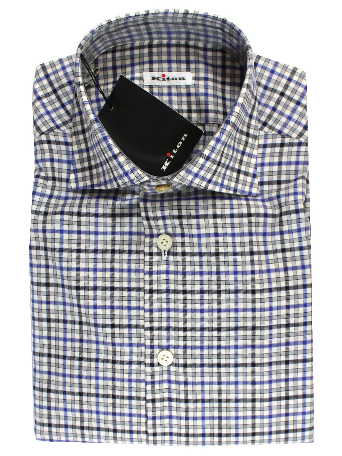 Kiton Dress Shirt White Royal Blue Black Check 39 - 15 1/2 SALE