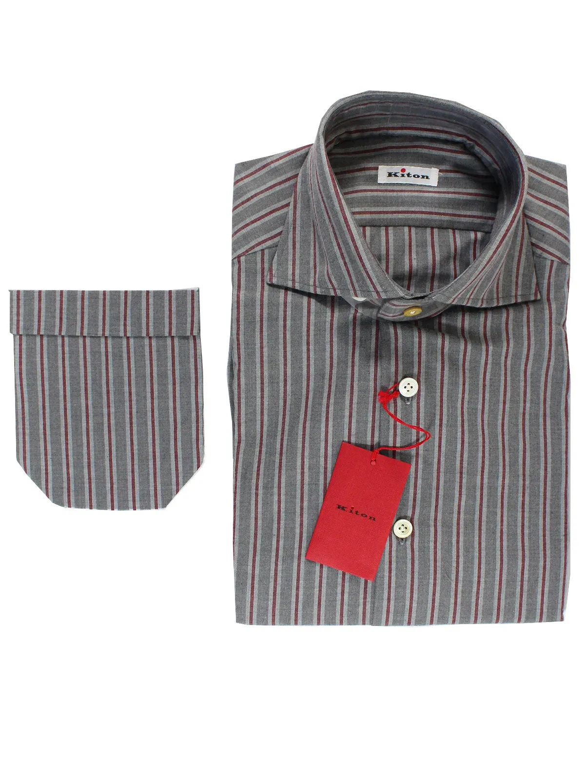 Kiton Shirt Gray Dark Red Stripes 38 - 15 SALE