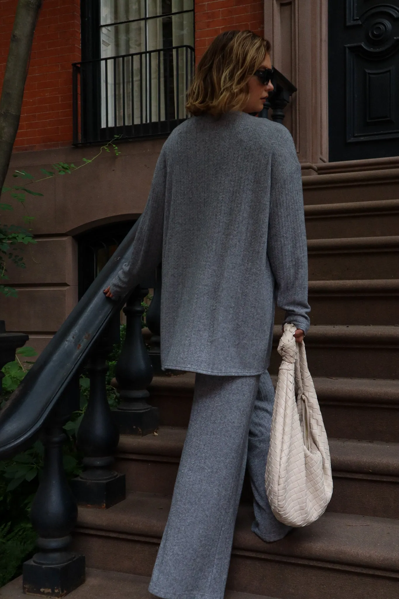 Pantalon droit tricot torsadé - Gris