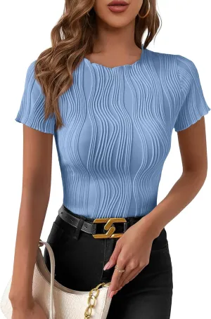 PRETTYGARDEN Women's Summer Tops 2025 Casual Short Sleeve Crewneck Slim Fit T Shirts Basic Knit Y2K Top Textured Blouse