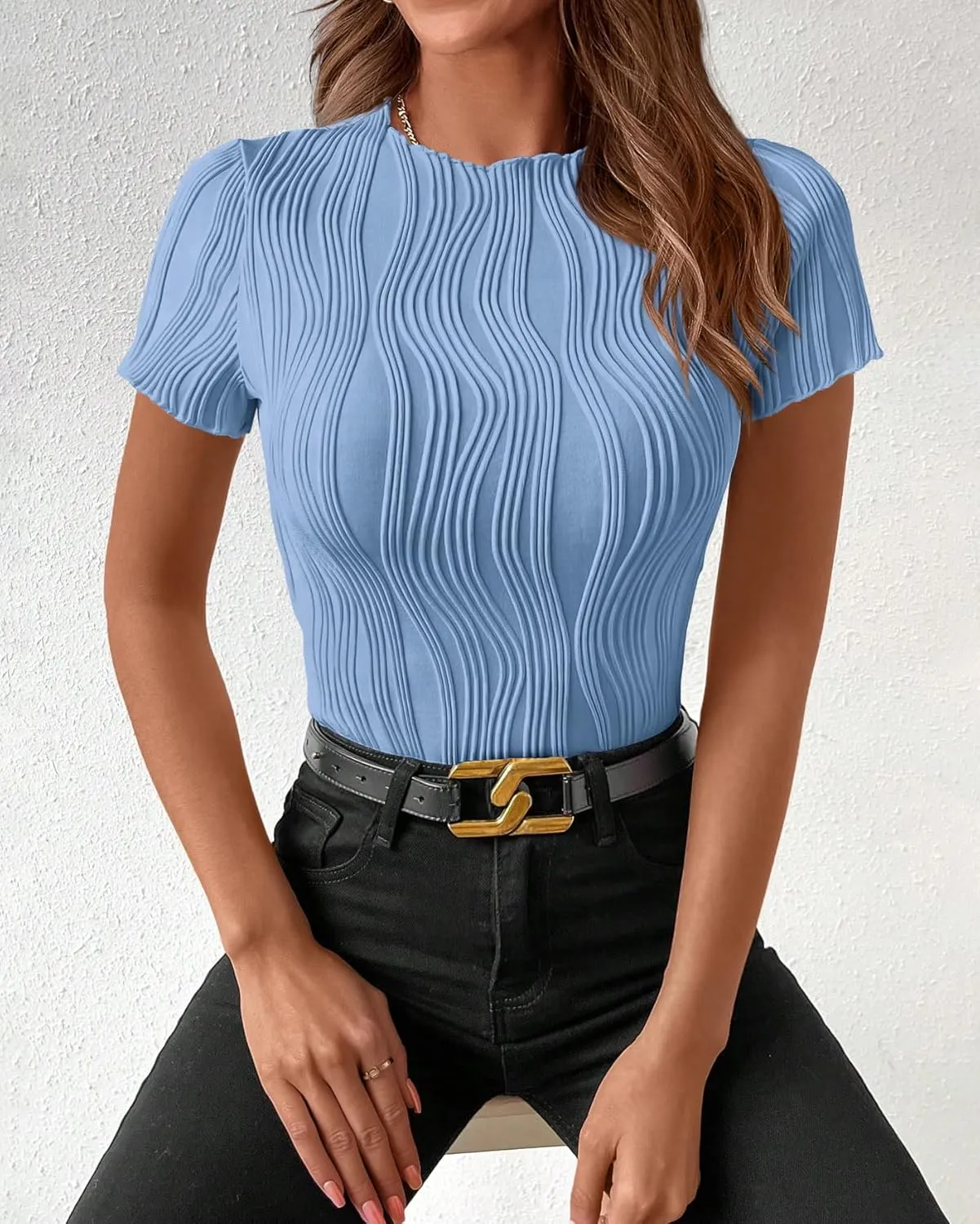 PRETTYGARDEN Women's Summer Tops 2025 Casual Short Sleeve Crewneck Slim Fit T Shirts Basic Knit Y2K Top Textured Blouse