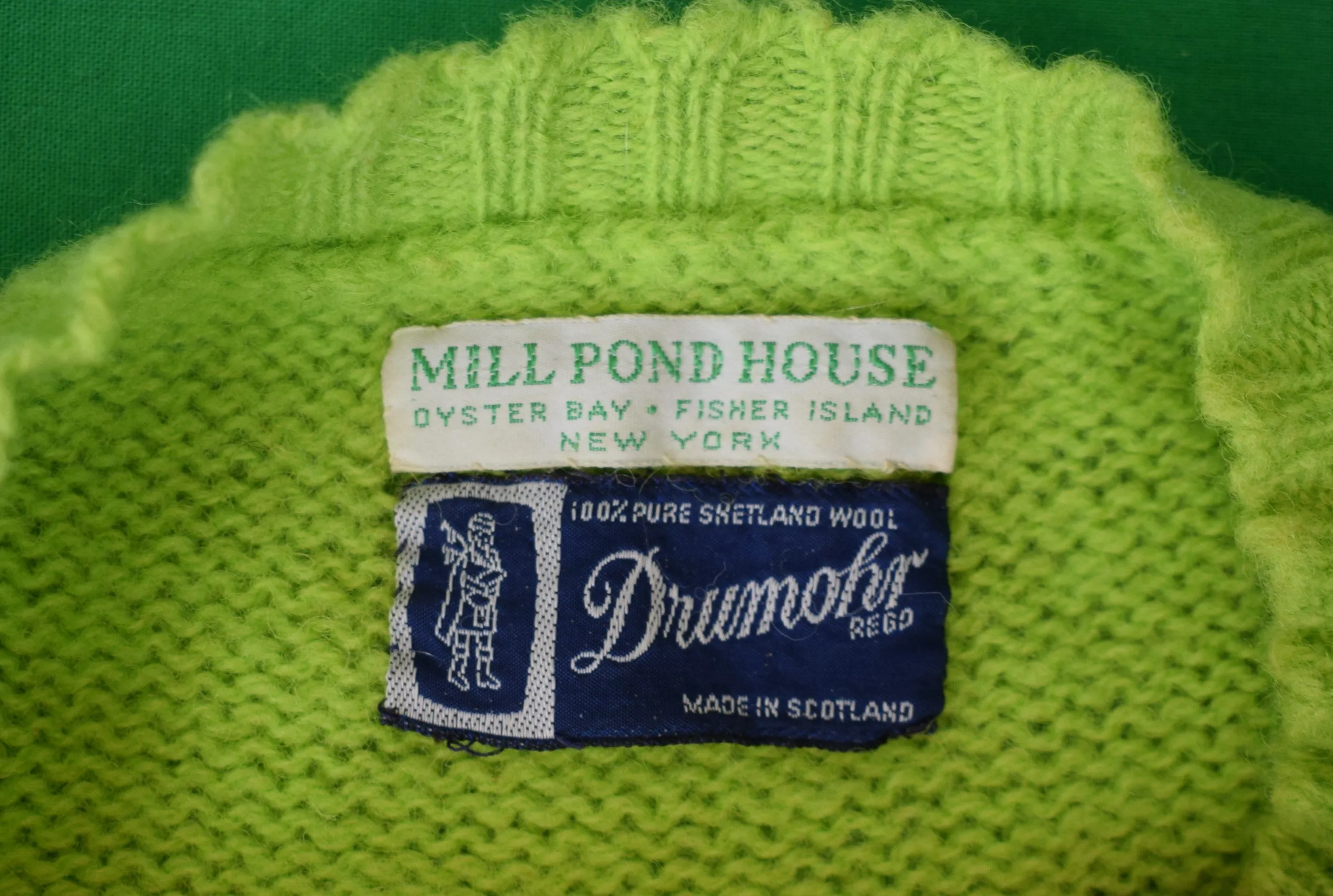 "Drumohr x Mill Pond House Chartreuse Shaggy Dog Shetland Crewneck Sweater Made In Scotland" Sz L (SOLD)