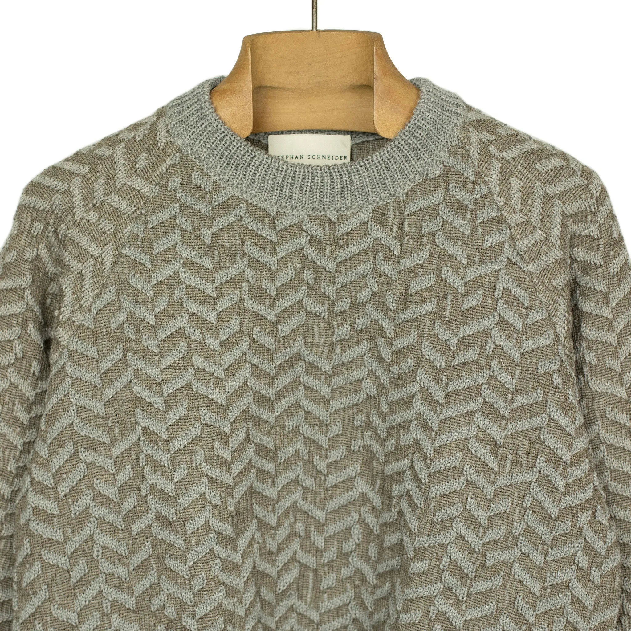 "Gauge" crewneck raglan sweater in beige raised herringbone wool