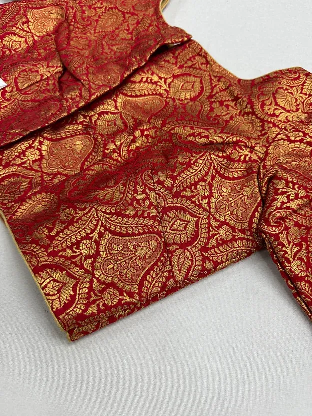 Readymade Red Boat Neck Banarasi Brocade Blouse