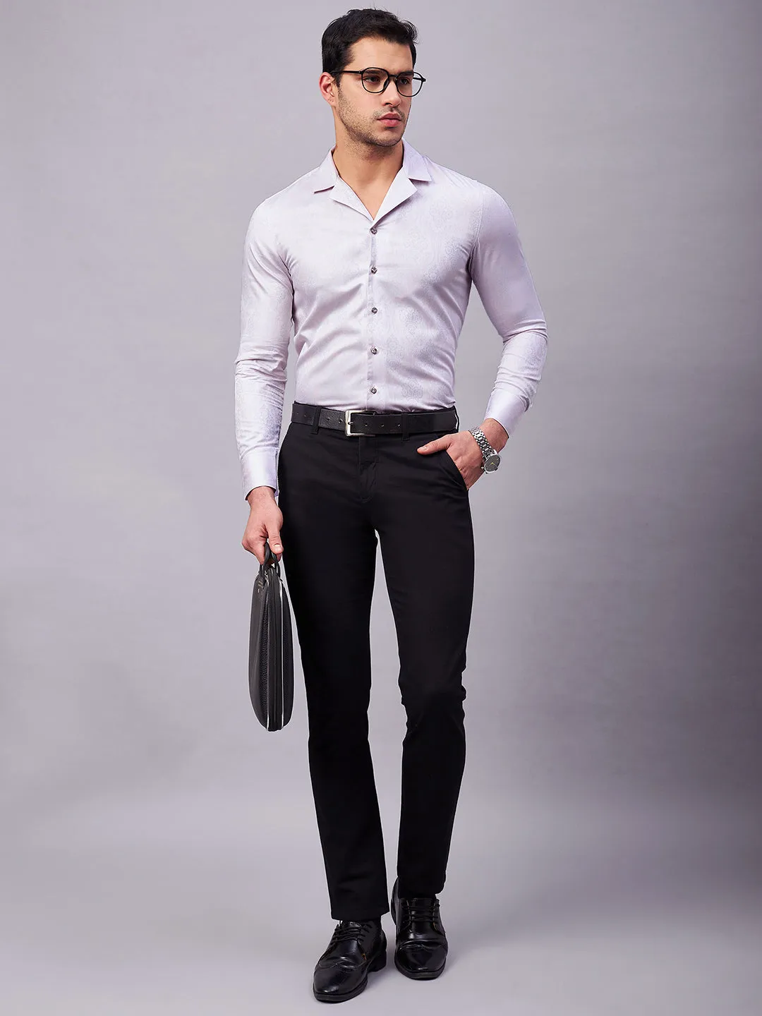 Regular Fit Cuban Collar Abstract Pink Shirt For Men