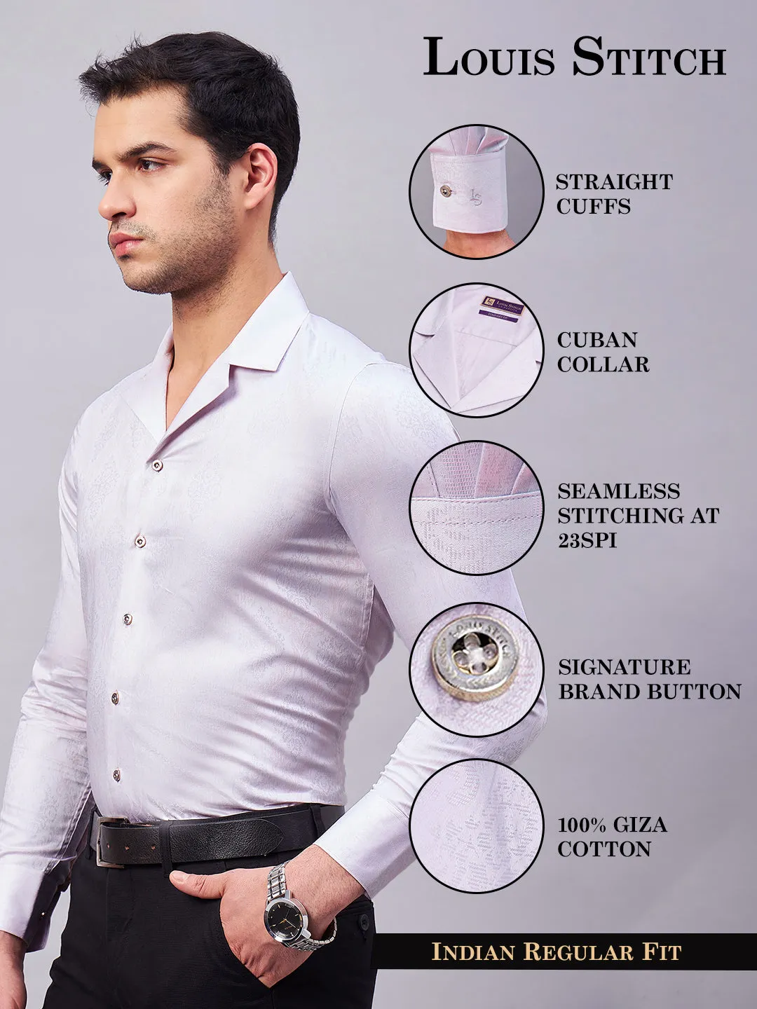 Regular Fit Cuban Collar Abstract Pink Shirt For Men