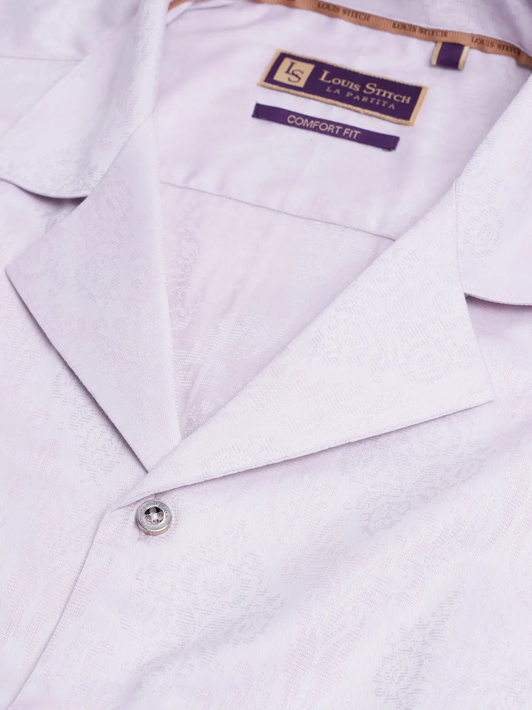 Regular Fit Cuban Collar Abstract Pink Shirt For Men