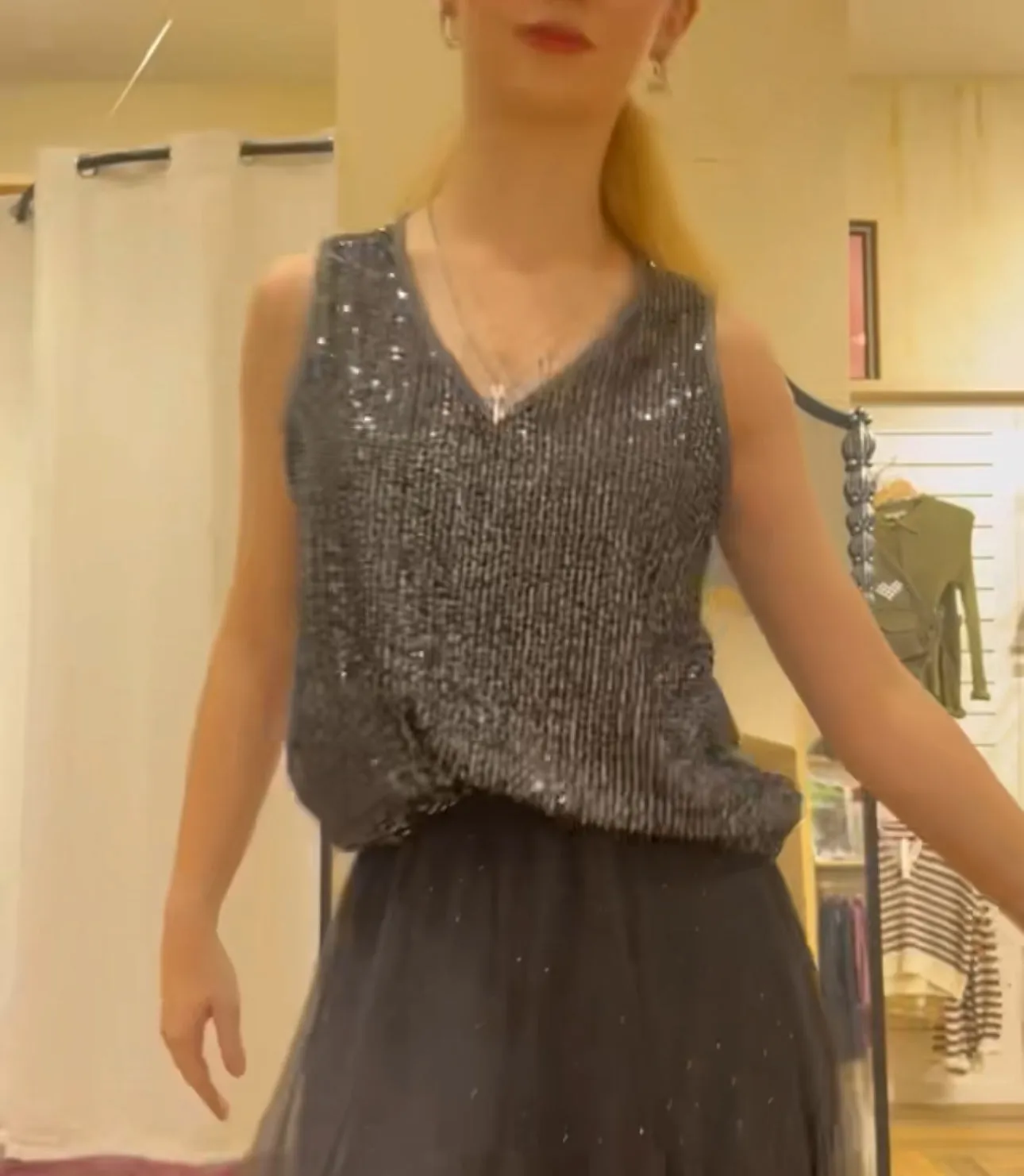 Sequin Top Charcoal Grey Tank With V Neck - WAY