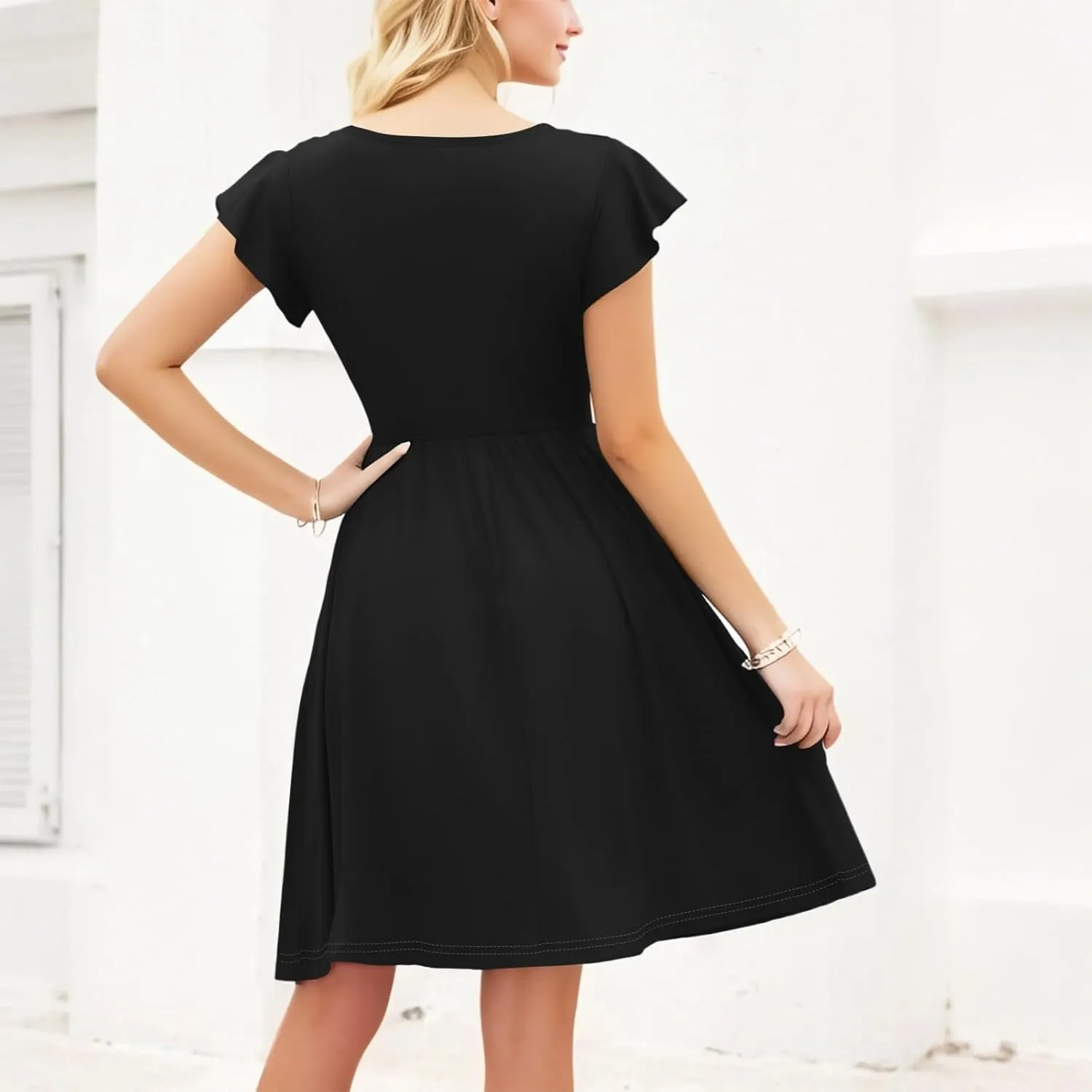 Summer Dresses for Women 2025 Ruffle Sleeve Casual Sundress Swing Elastic Waist Dress with Pockets