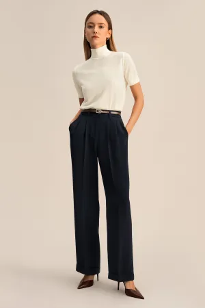 Timeless Pleated Wide-Leg Dense Silk Trousers - Midnight