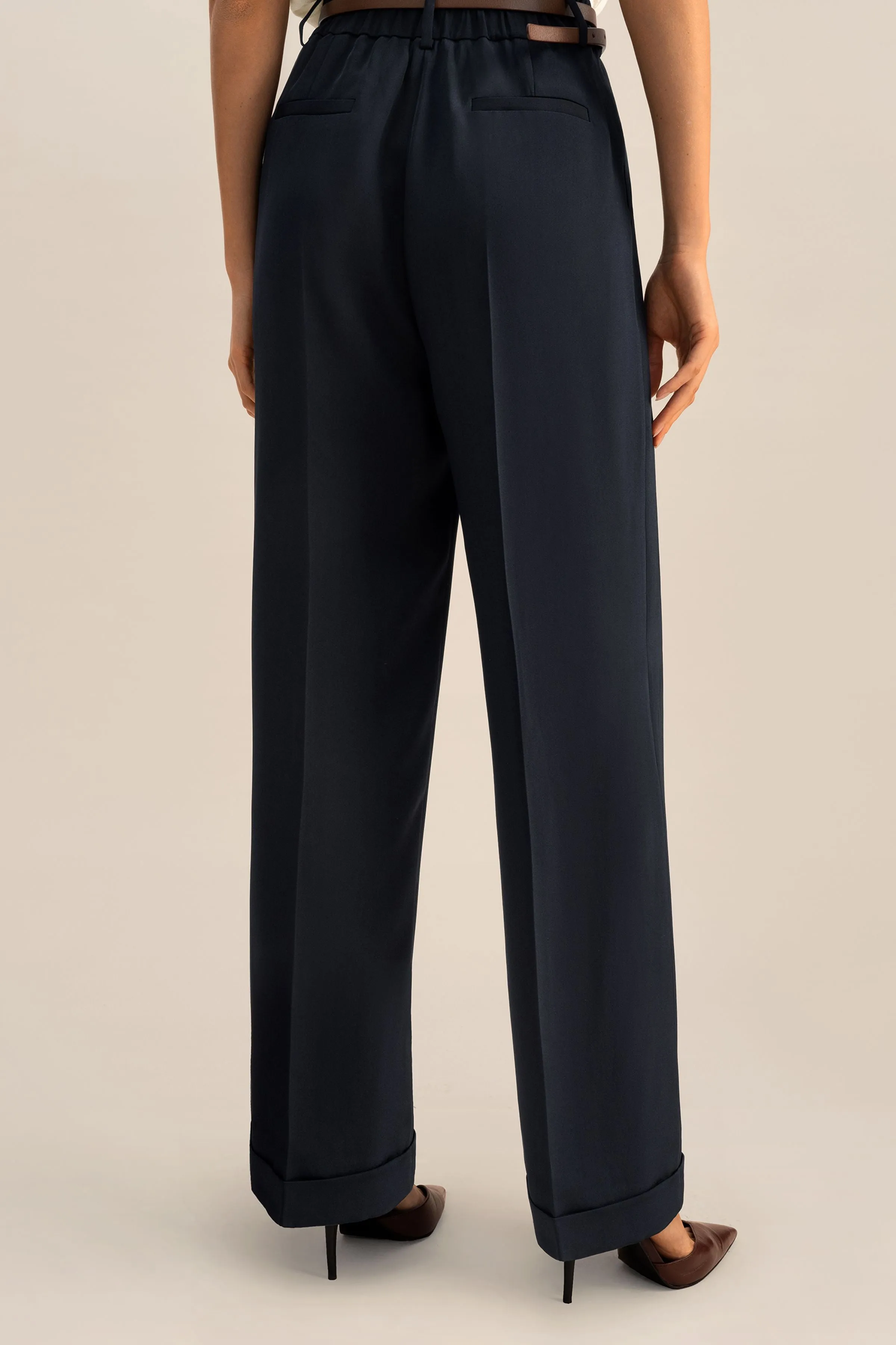 Timeless Pleated Wide-Leg Dense Silk Trousers - Midnight