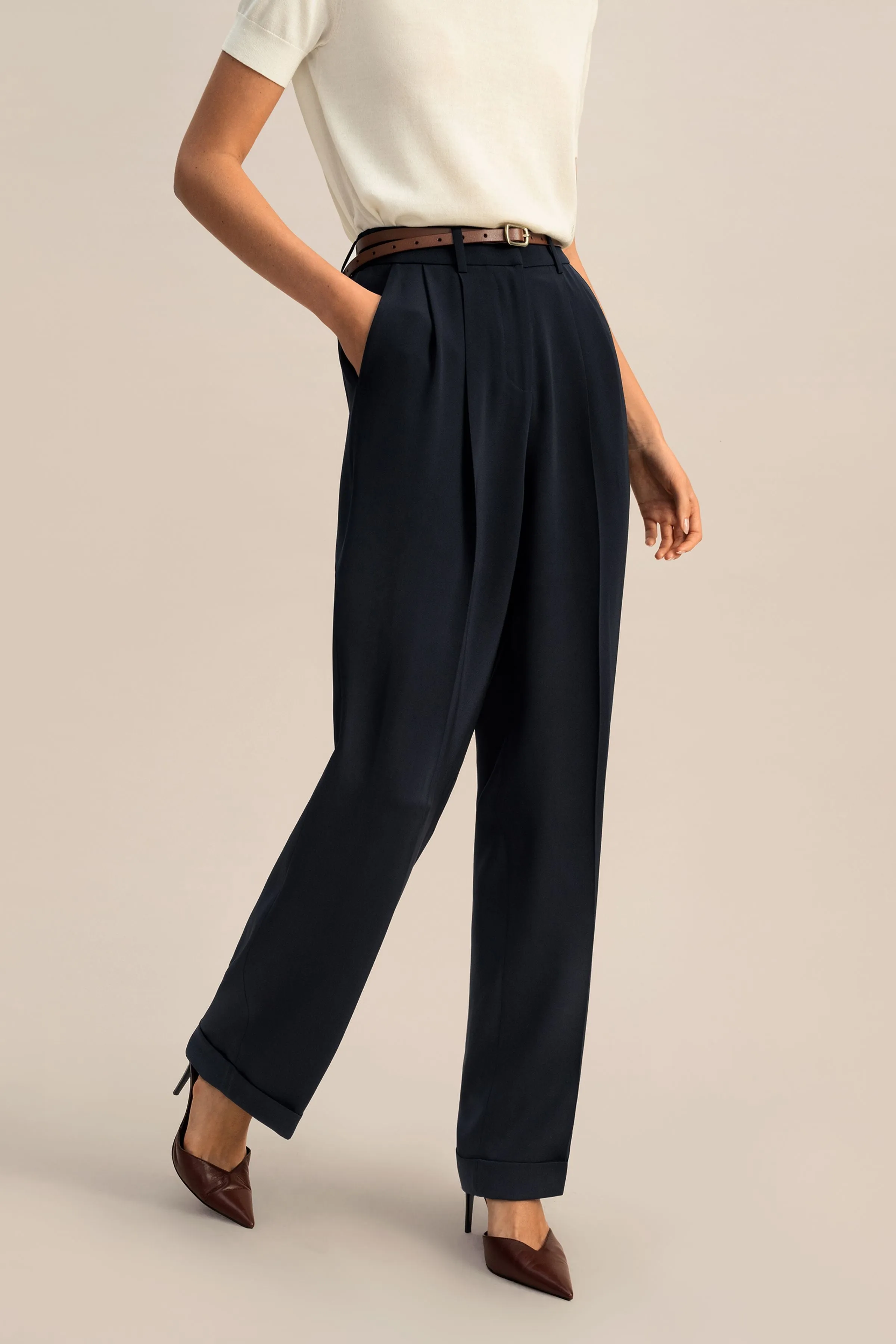 Timeless Pleated Wide-Leg Dense Silk Trousers - Midnight