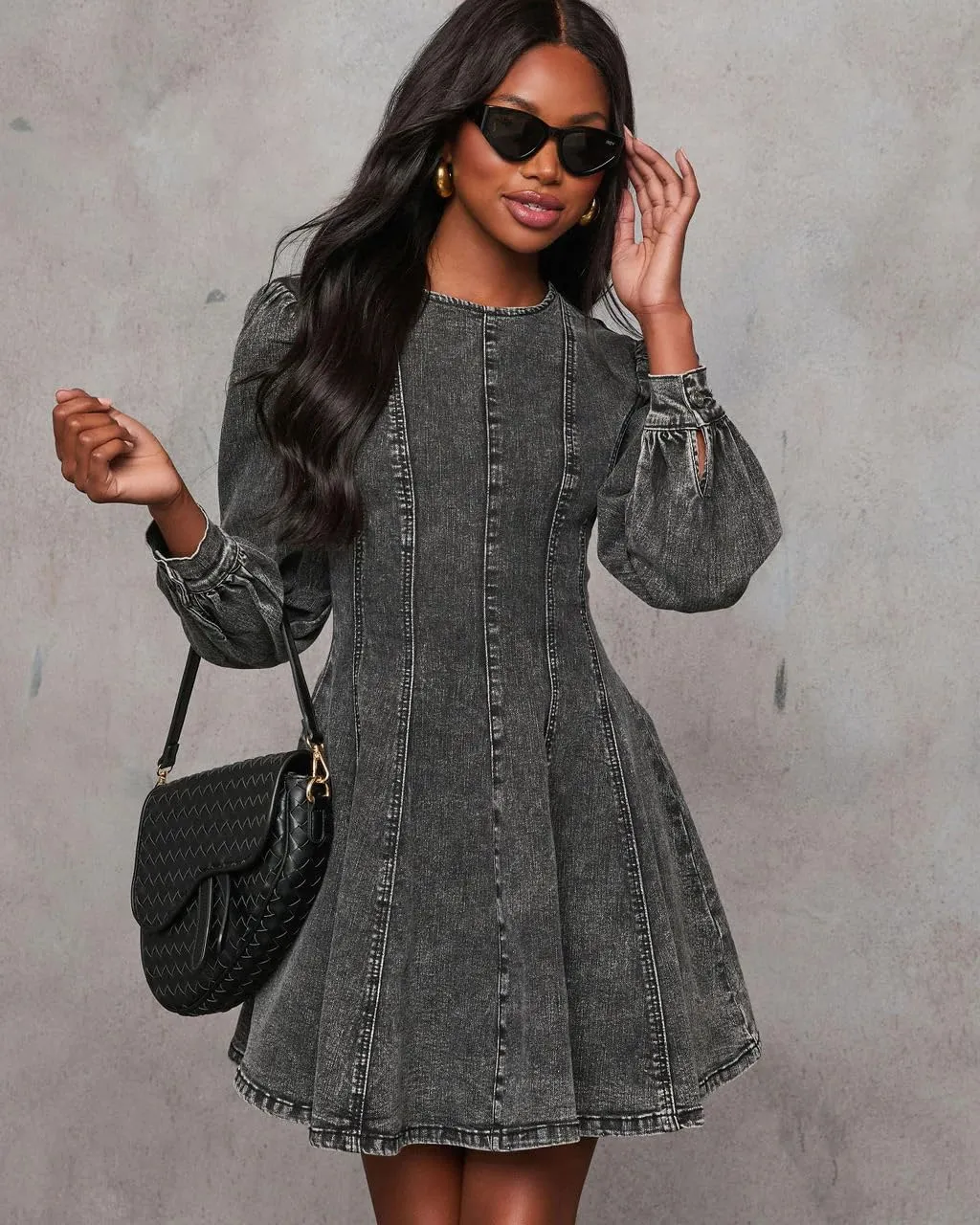 utcoco Women 2025 Fall Long Sleeve Denim Mini Dress Stretchy Slim Fit Ruffle Swing A Line Jean Dresses