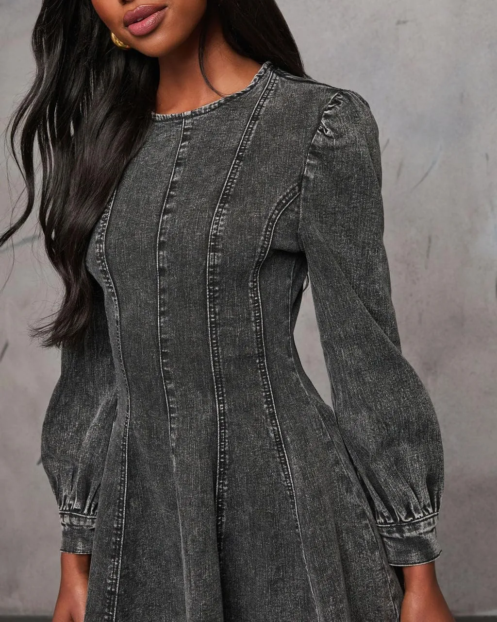 utcoco Women 2025 Fall Long Sleeve Denim Mini Dress Stretchy Slim Fit Ruffle Swing A Line Jean Dresses