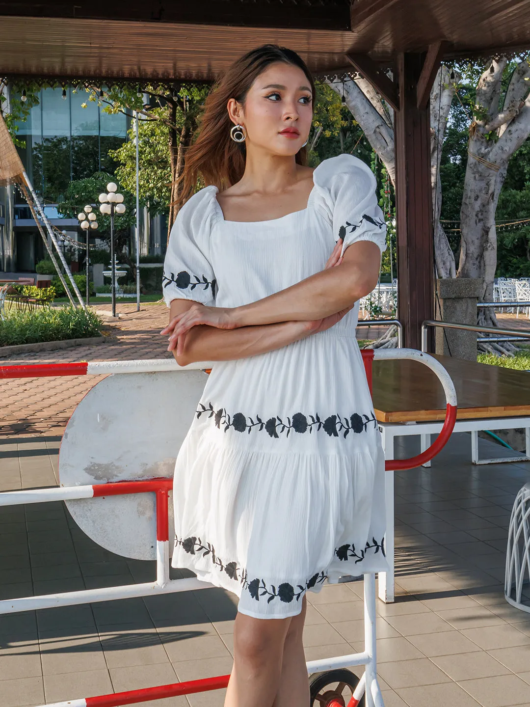 White Embroidered Tiered Mini Dress
