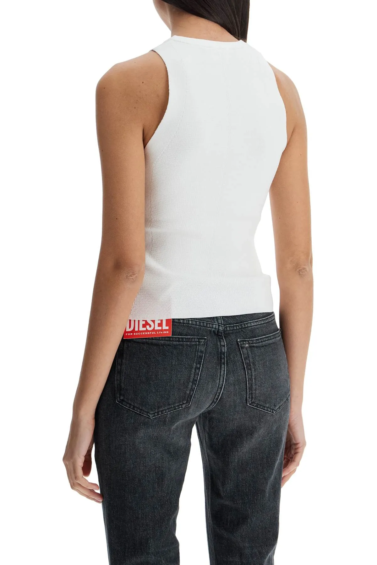 white sleeveless ribbed viscose top with metallic insert A17450 0DLAX WHITE